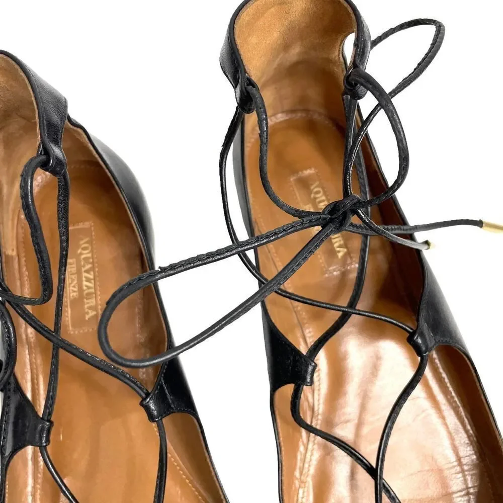 Aquazzura Christy Lace-Up Flats‎ Sz 39 leather black